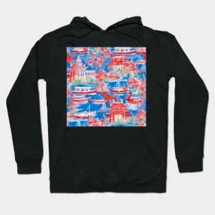 Pagodas, lake and sail boats in blue and red Hoodie